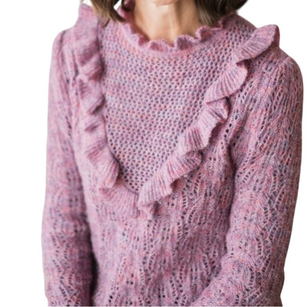Bishop + Young ruffled v-neck open knit crochet sweater XS excellent condition